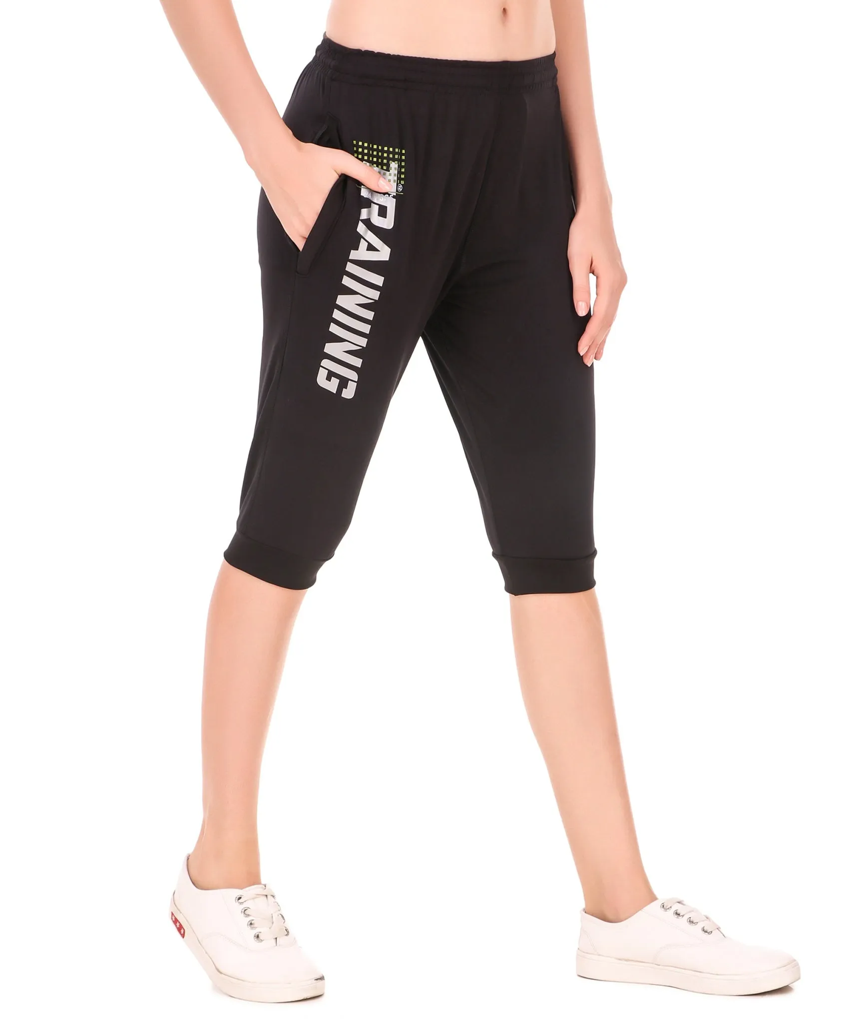 Women's Stretchable Lycra 3/4th Capri with 2 Zippered Pockets for Gym, Yoga, Workout and Casual Wear