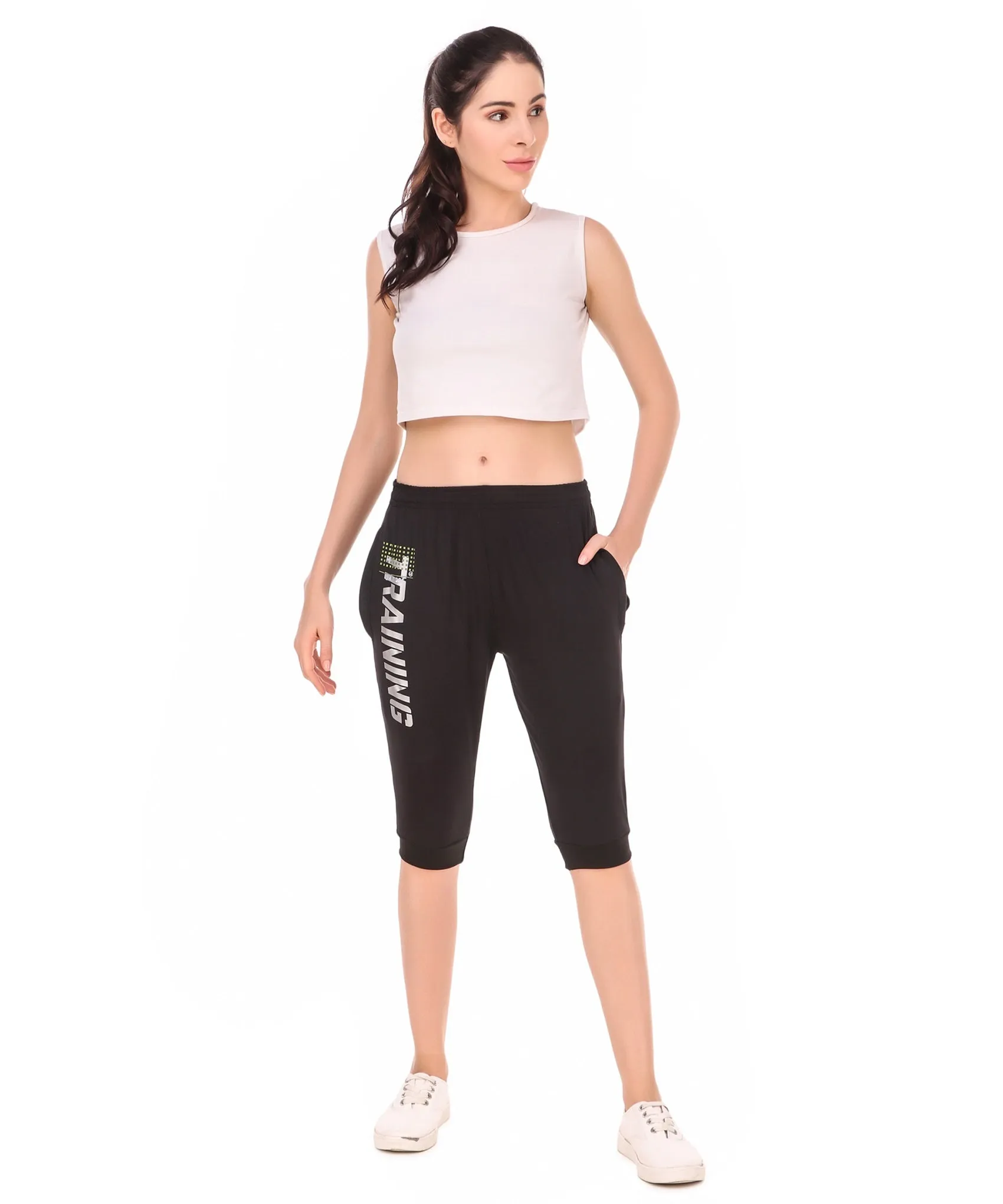 Women's Stretchable Lycra 3/4th Capri with 2 Zippered Pockets for Gym, Yoga, Workout and Casual Wear