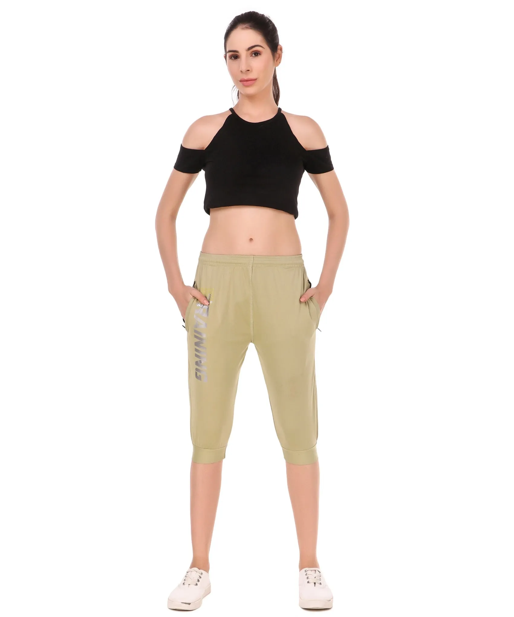 Women's Stretchable Lycra 3/4th Capri with 2 Zippered Pockets for Gym, Yoga, Workout and Casual Wear