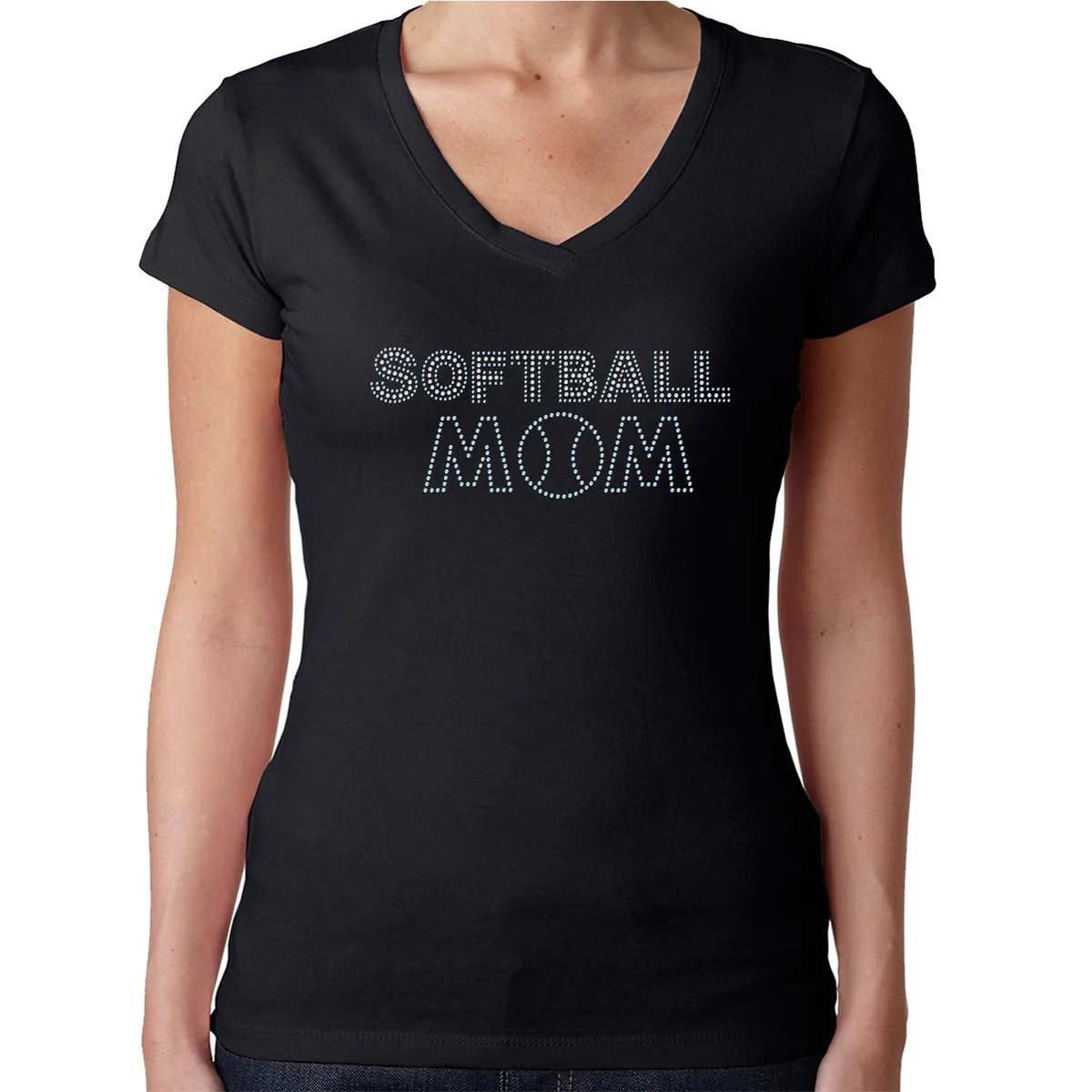 Womens T-Shirt Rhinestone Bling Black Fitted Tee Softball Mom Blue Sparkle